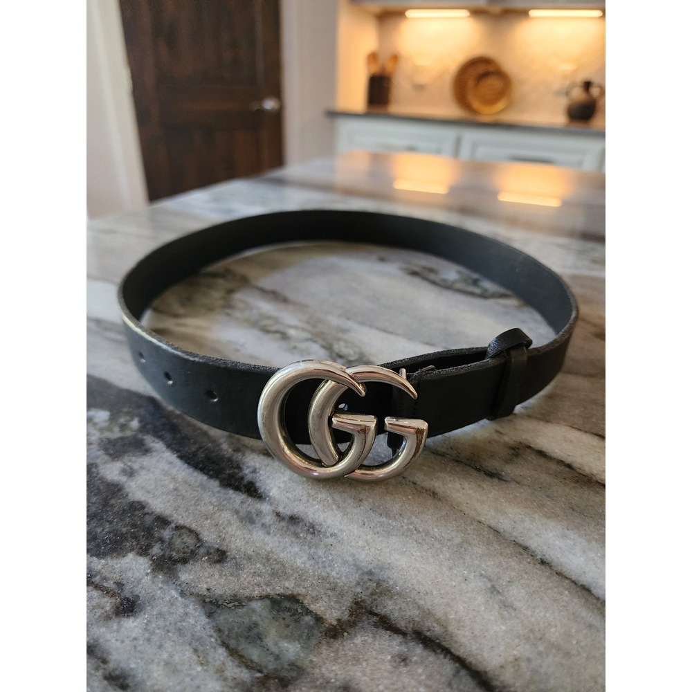 Authentic Gucci Black Leather Double G Thin Belt Silver Buckle 414516 Size 80 32